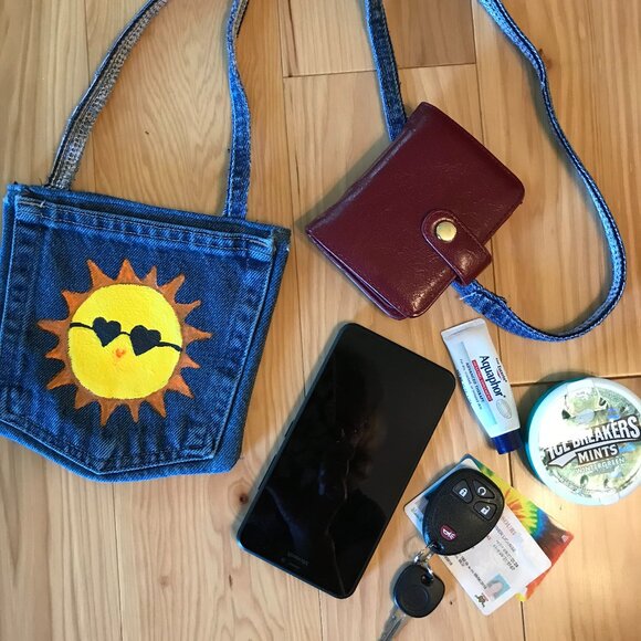 Handmade Crossbody Bag: Lake Girl Theme Cell Phone Holder, Recycled Denim Purse - Picture 5 of 11